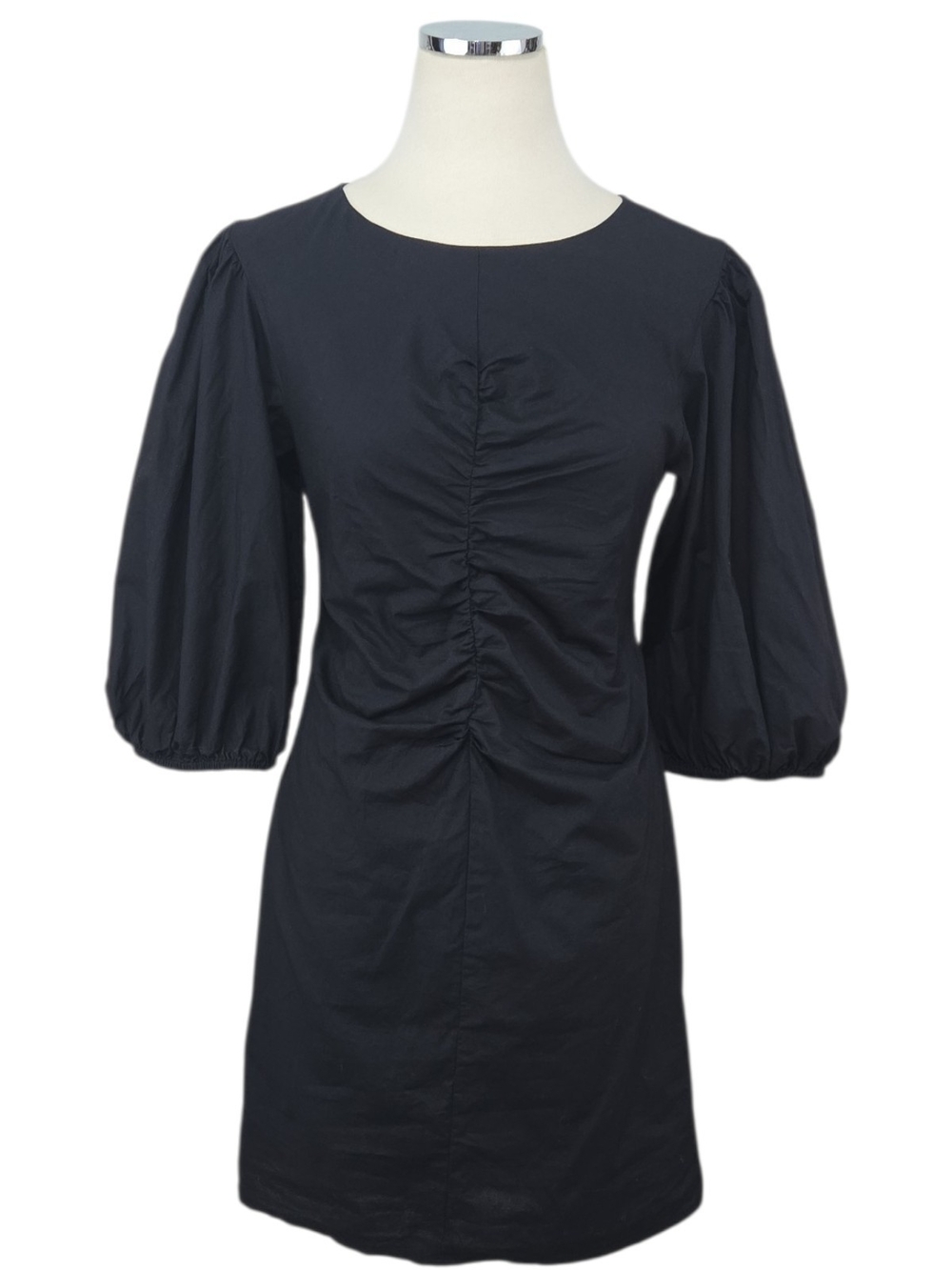Free People Hope Mini Dress M Black Ruched Puff Sleeve Cotton Poplin Keyhole